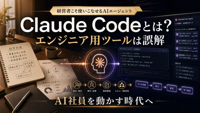 Claude Codeが経営者向けのAIエージェントとして業務委任やレビューを支援することを表すサムネイル