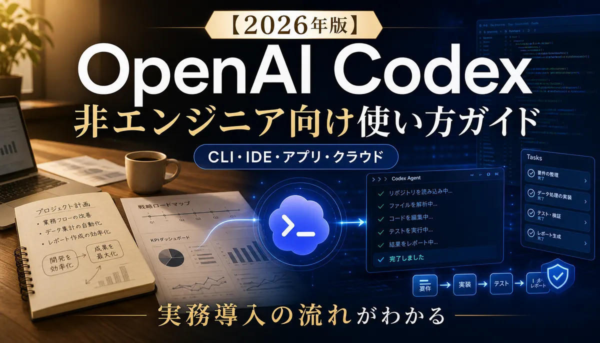 OpenAI Codexの非エンジニア向け使い方ガイドを表す、業務導入と開発自動化を組み合わせたサムネイル