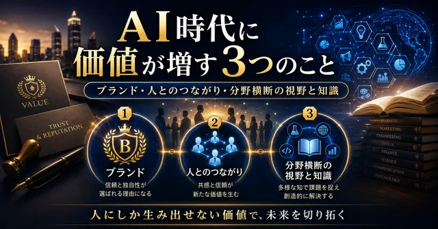 AI時代に価値が増すブランド・人とのつながり・分野横断の視野と知識の3要素を表すサムネイル