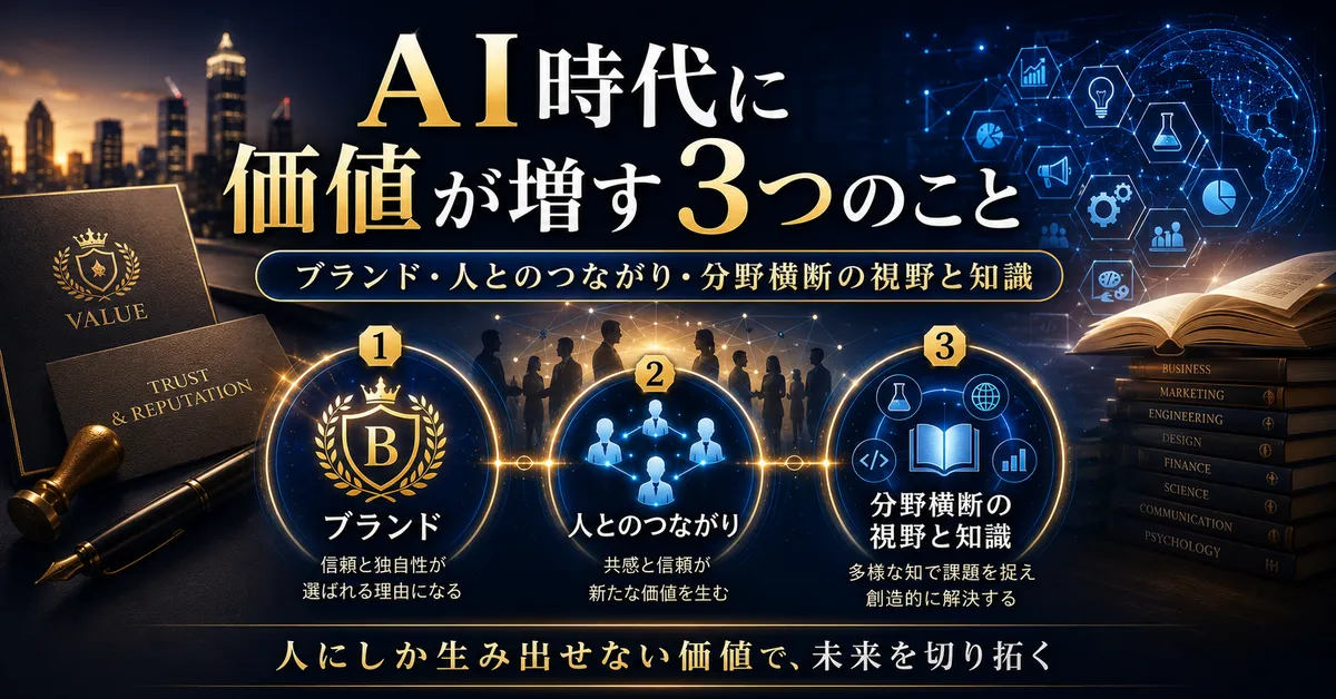 AI時代に価値が増すブランド・人とのつながり・分野横断の視野と知識の3要素を表すサムネイル